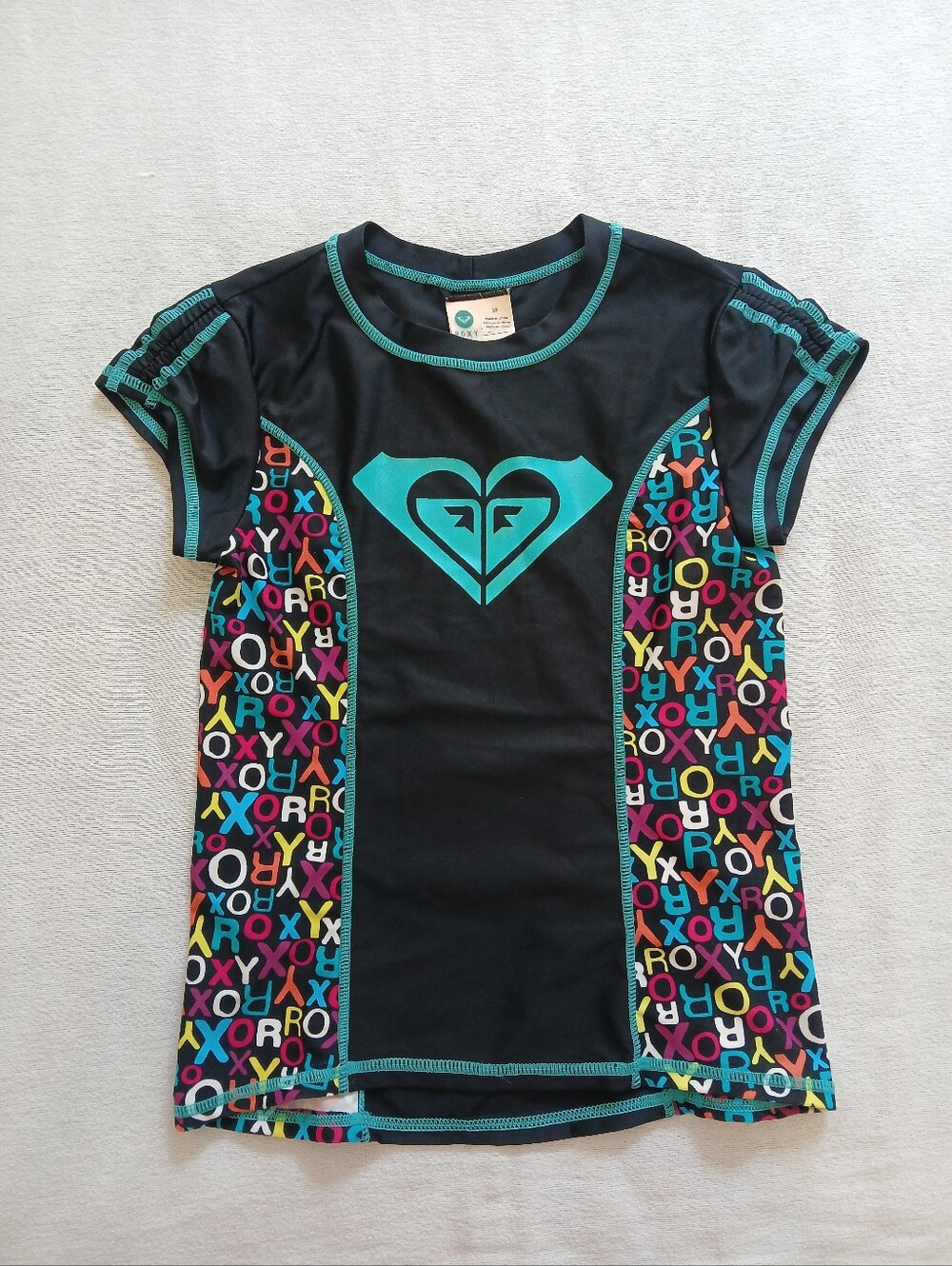 Roxy Girls 10 Black Rashguard Swim Top with Teal Logo and Multicolor Side Panels